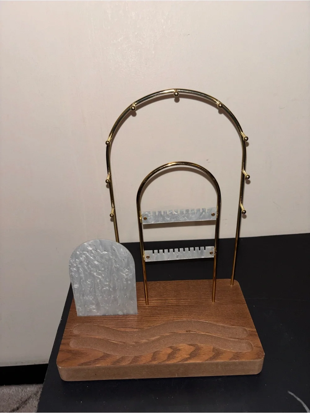 Brass & Wood Jewelry Stand with Pearl-Effect Accents